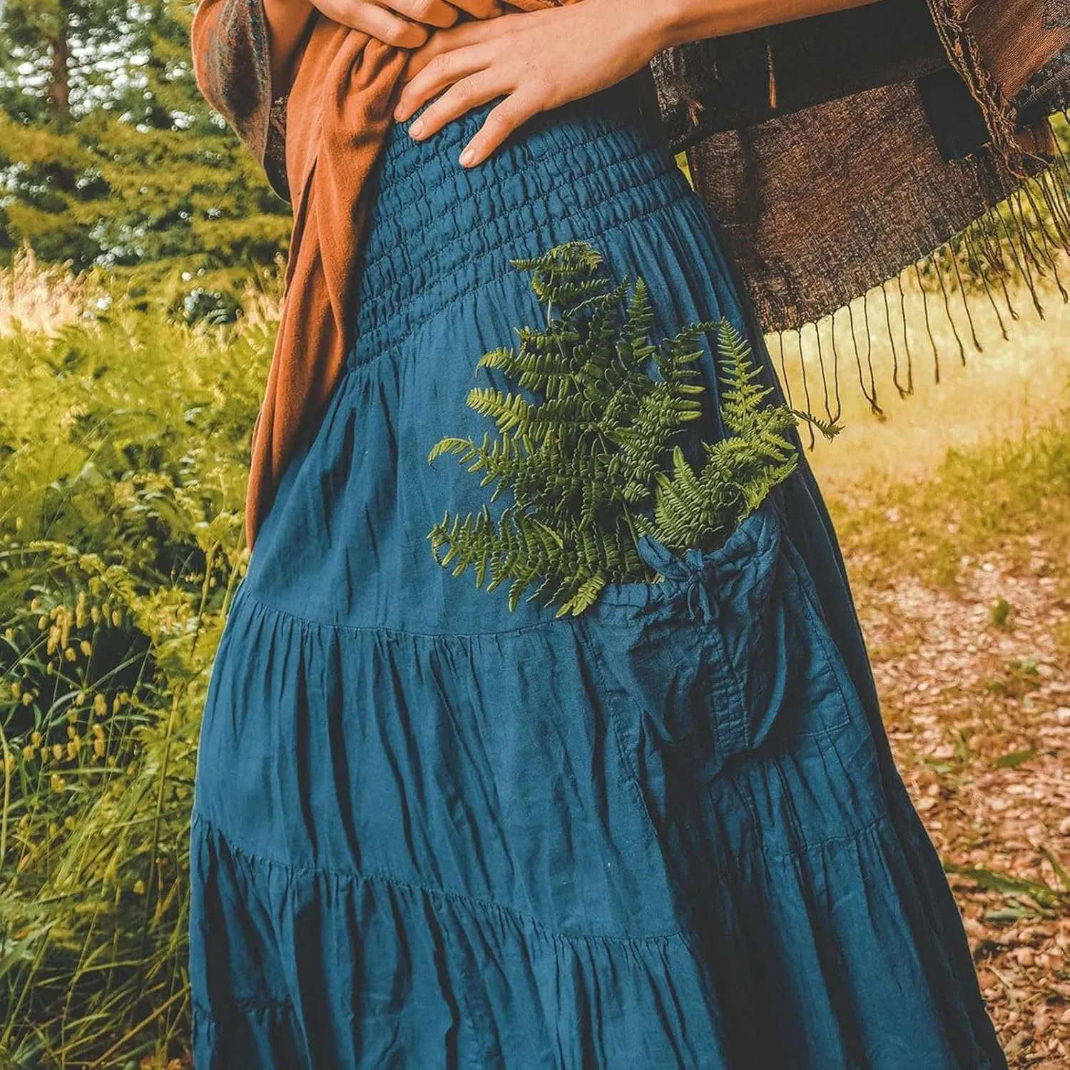 Womens Long Maxi Skirt Smocked Elastic Waist Pleated Tiered A Line Skirt Solid Beach Vacation Skirts with Pockets