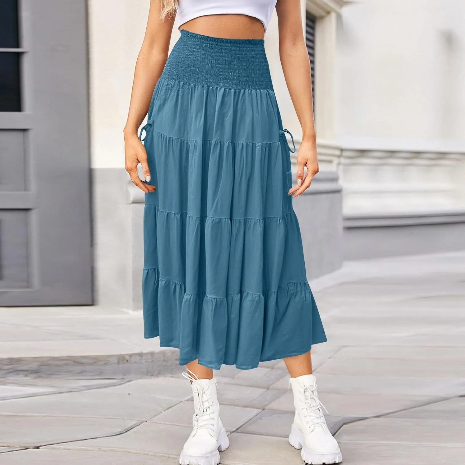 Womens Long Maxi Skirt Smocked Elastic Waist Pleated Tiered A Line Skirt Solid Beach Vacation Skirts with Pockets