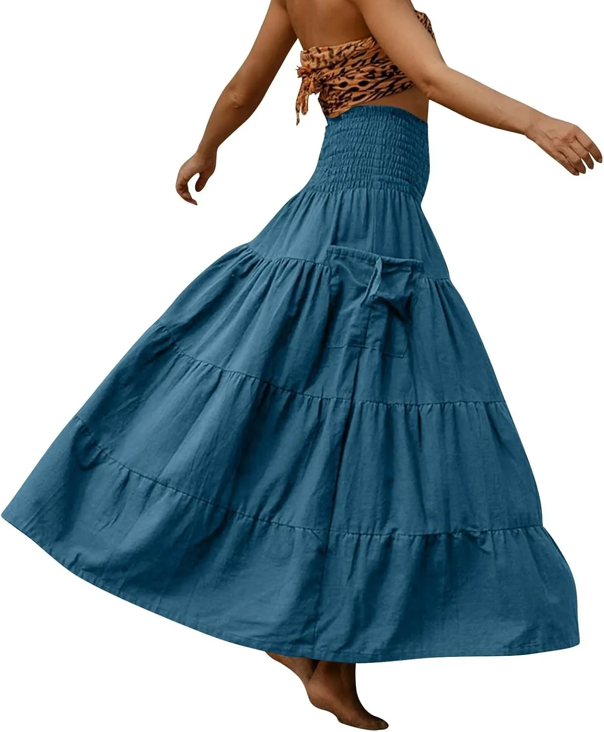 Womens Long Maxi Skirt Smocked Elastic Waist Pleated Tiered A Line Skirt Solid Beach Vacation Skirts with Pockets
