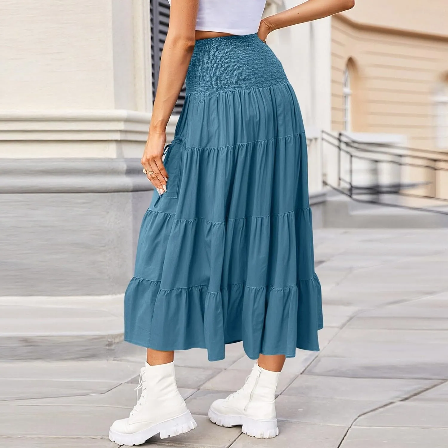 Womens Long Maxi Skirt Smocked Elastic Waist Pleated Tiered A Line Skirt Solid Beach Vacation Skirts with Pockets