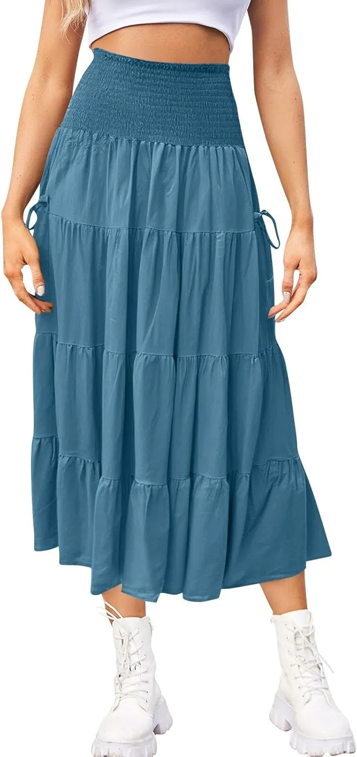 Womens Long Maxi Skirt Smocked Elastic Waist Pleated Tiered A Line Skirt Solid Beach Vacation Skirts with Pockets