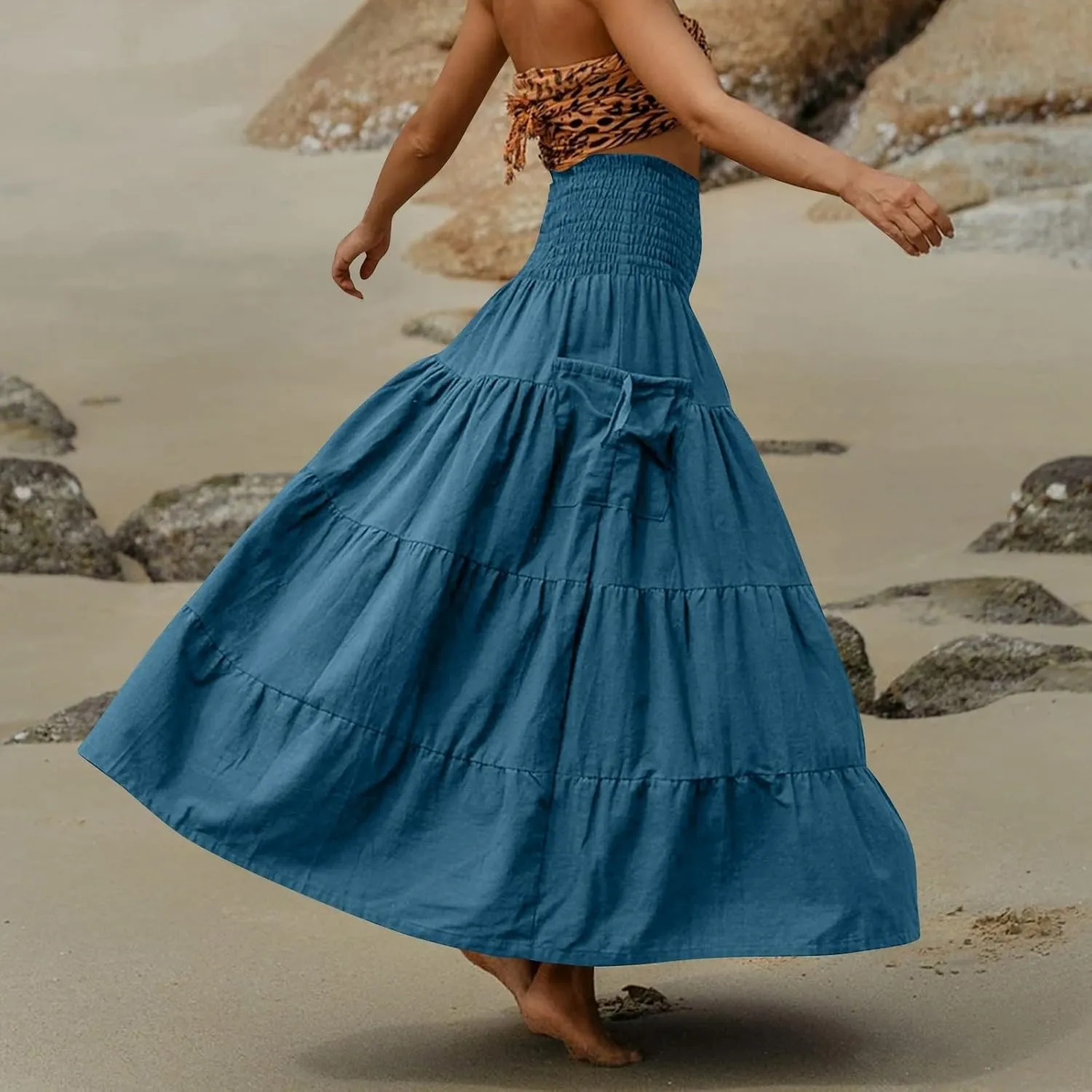 Womens Long Maxi Skirt Smocked Elastic Waist Pleated Tiered A Line Skirt Solid Beach Vacation Skirts with Pockets