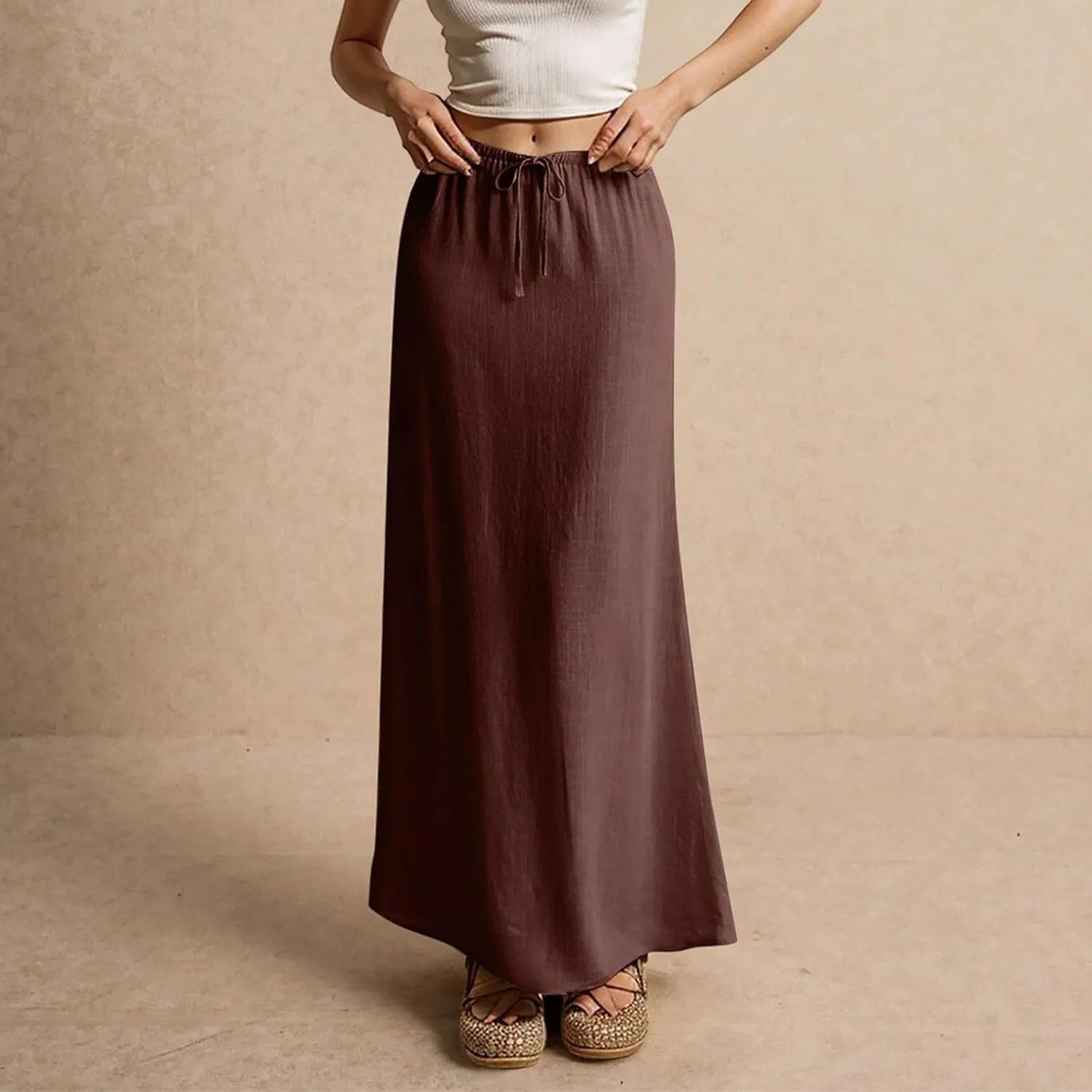 Women's Long Skirts 2025 Boho Summer Elastic Waist Solid Tie Athletic Maxi Skirt with Pockets Trendy, S-2XL