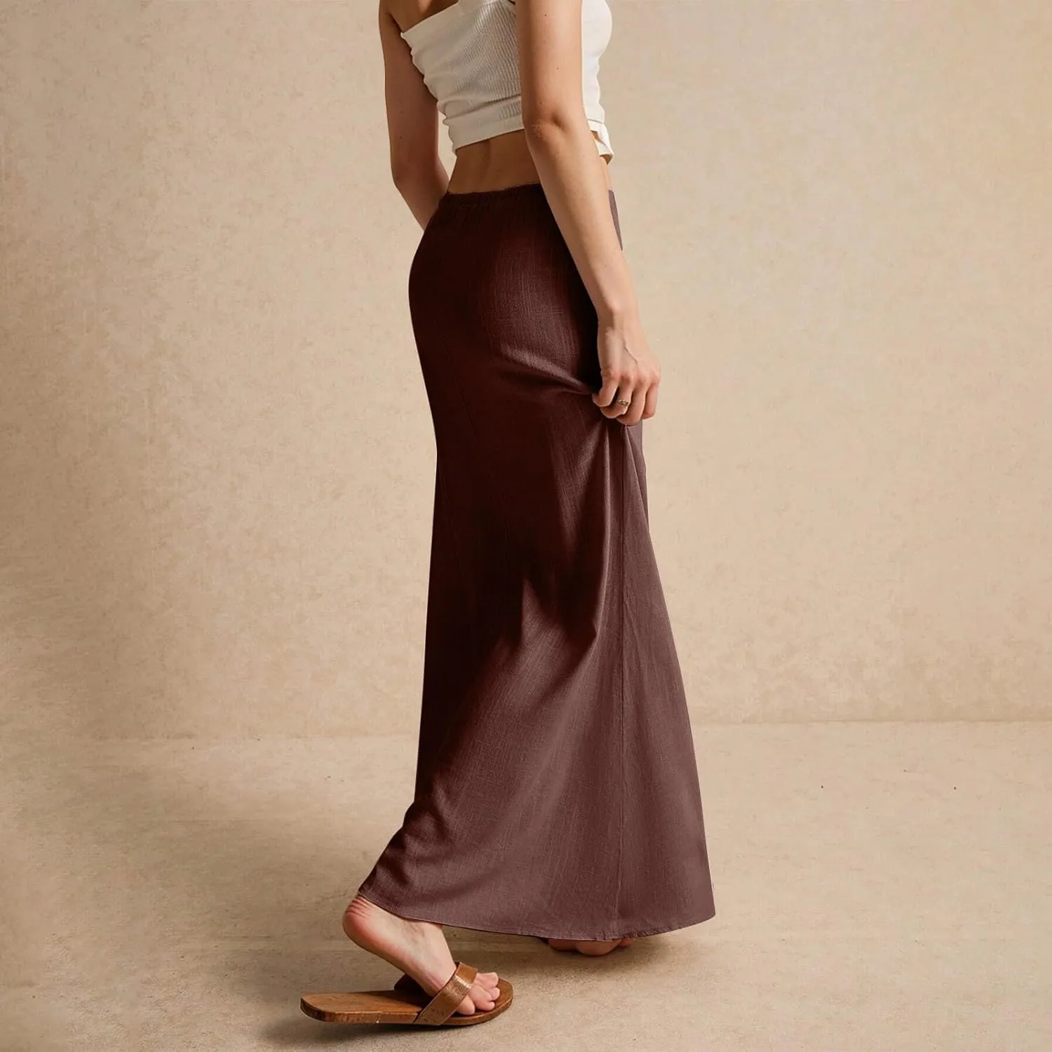 Women's Long Skirts 2025 Boho Summer Elastic Waist Solid Tie Athletic Maxi Skirt with Pockets Trendy, S-2XL