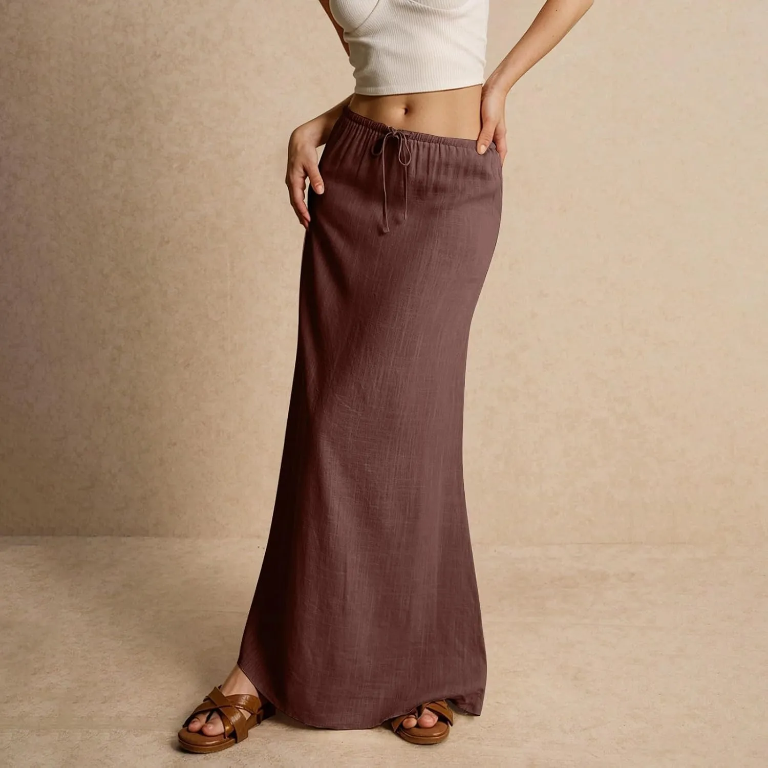 Women's Long Skirts 2025 Boho Summer Elastic Waist Solid Tie Athletic Maxi Skirt with Pockets Trendy, S-2XL