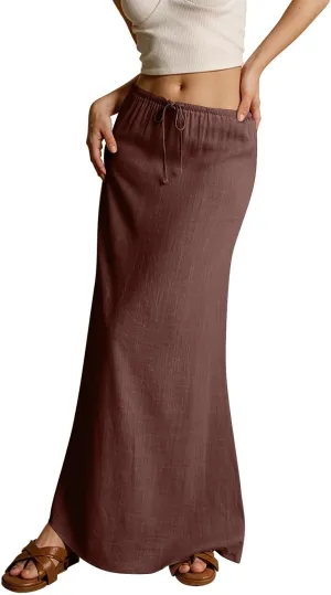 Women's Long Skirts 2025 Boho Summer Elastic Waist Solid Tie Athletic Maxi Skirt with Pockets Trendy, S-2XL