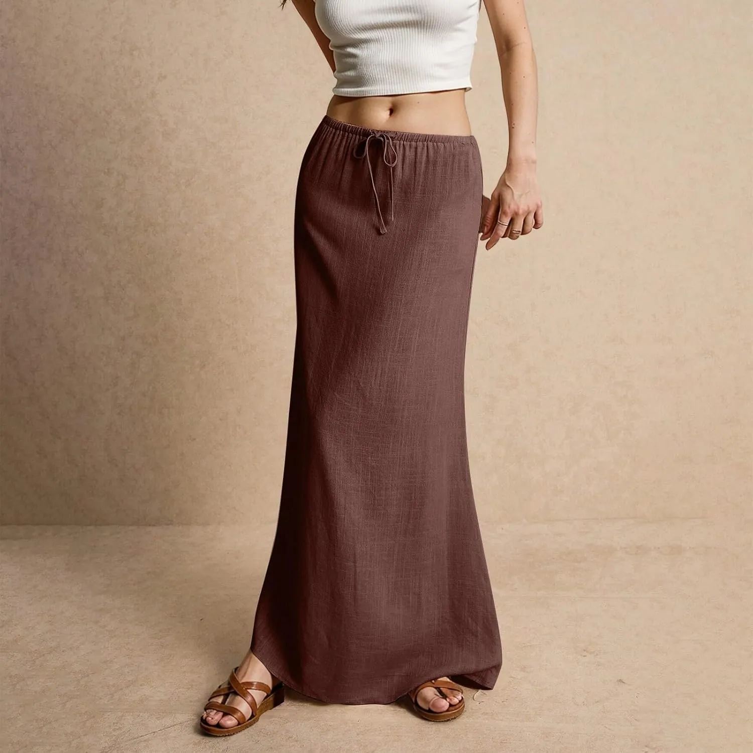 Women's Long Skirts 2025 Boho Summer Elastic Waist Solid Tie Athletic Maxi Skirt with Pockets Trendy, S-2XL