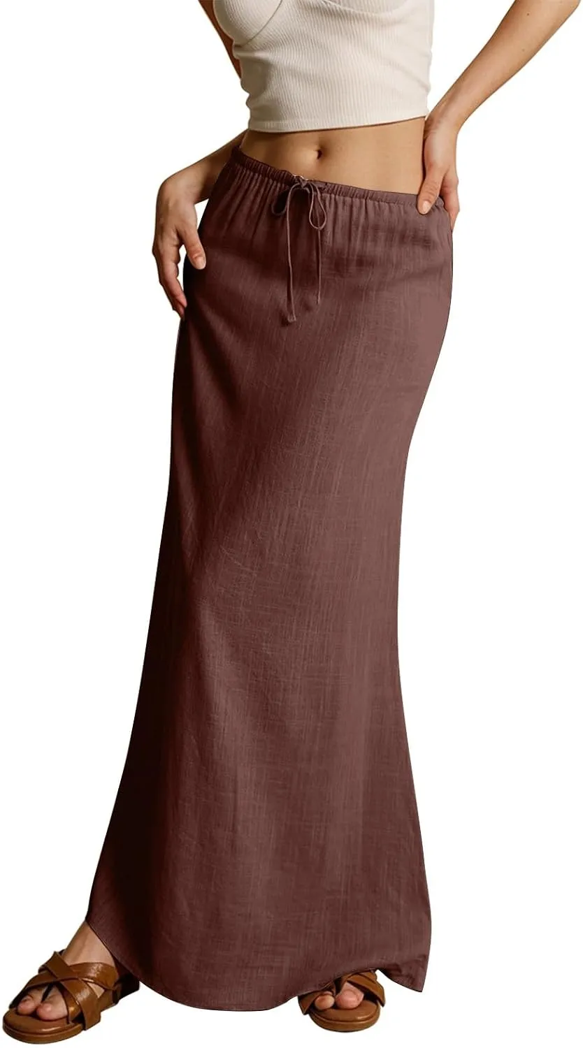 Women's Long Skirts 2025 Boho Summer Elastic Waist Solid Tie Athletic Maxi Skirt with Pockets Trendy, S-2XL