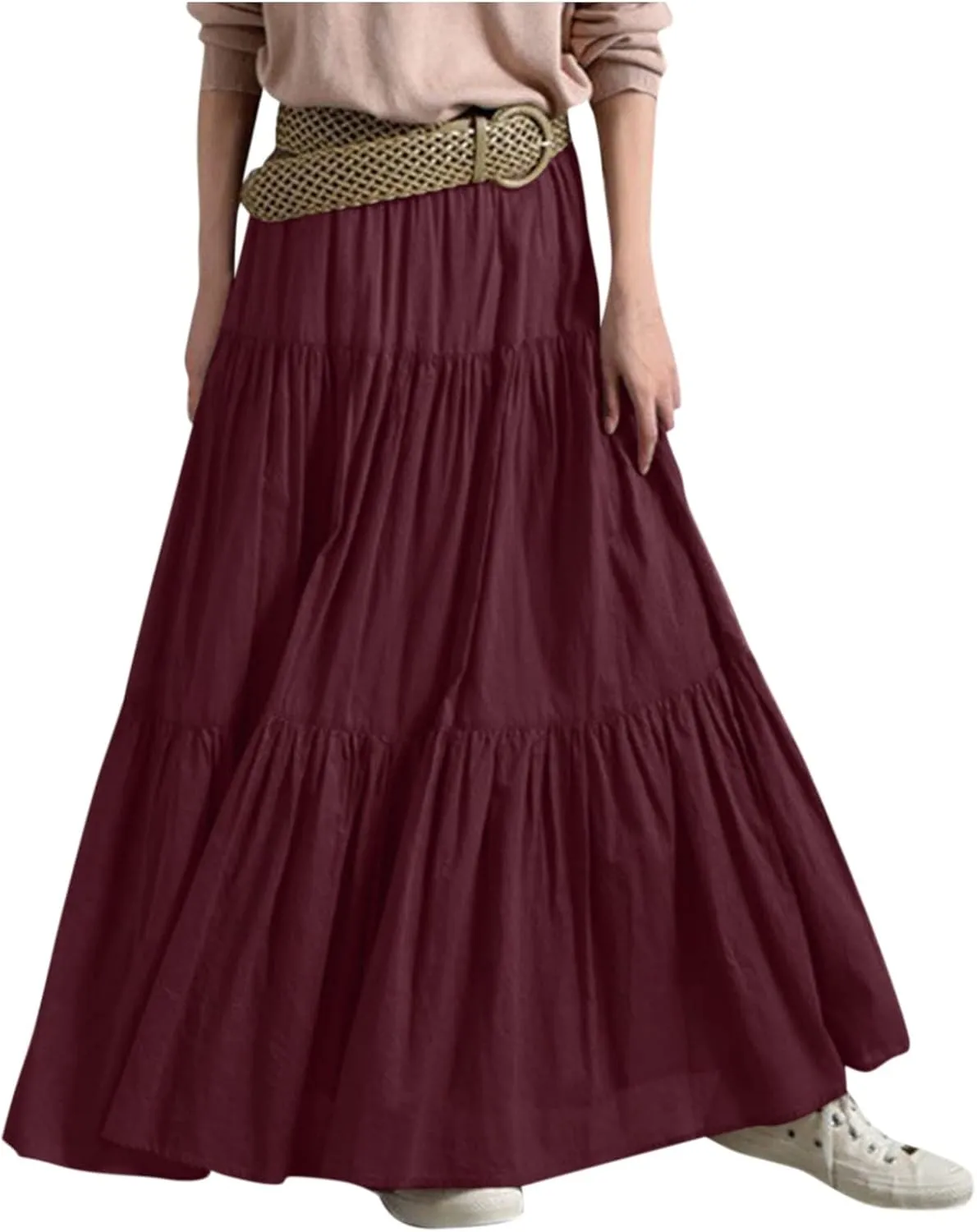 Women's Long Skirts Plus Size Maxi Ruffle Solid Tiered Flowy Beach Skirts,S-5XL