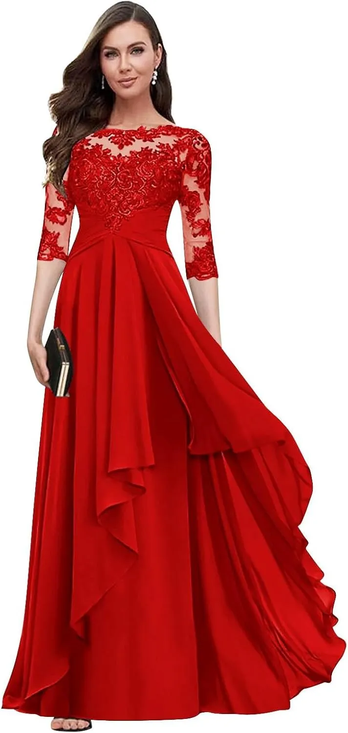 Women's Long Sleeves Mother of The Bride Dresses for Wedding Lace Applique Ruffled Chiffon Formal Evening Gowns