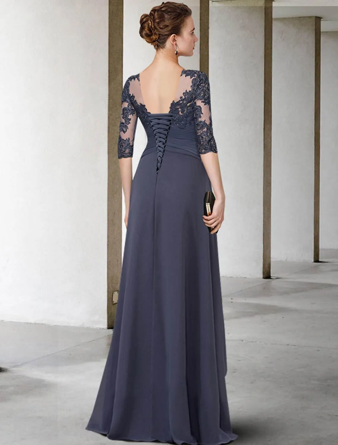 Women's Long Sleeves Mother of The Bride Dresses for Wedding Lace Applique Ruffled Chiffon Formal Evening Gowns