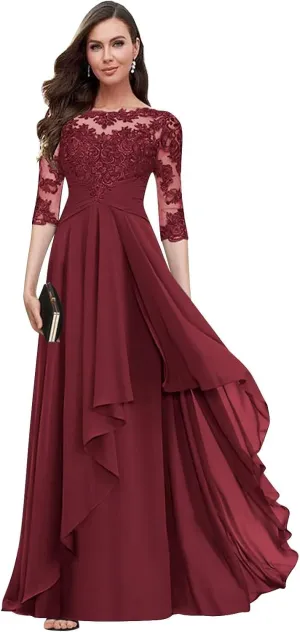 Women's Long Sleeves Mother of The Bride Dresses for Wedding Lace Applique Ruffled Chiffon Formal Evening Gowns