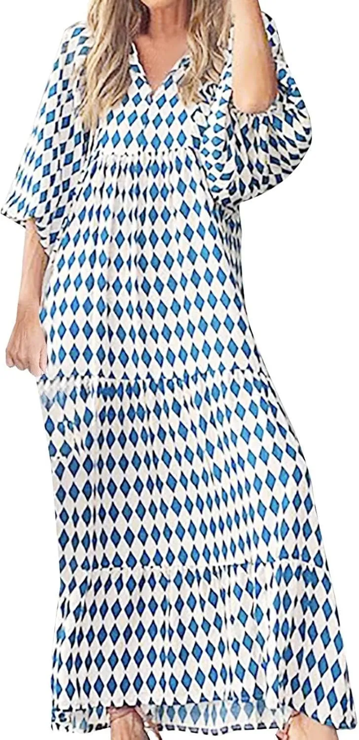 Womens Loose Fit Casual Summer V Neck Dress Boho Maxi Puff Sleeve Dresses Floral Flowy Swing Beach Vacation Dress