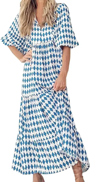 Womens Loose Fit Casual Summer V Neck Dress Boho Maxi Puff Sleeve Dresses Floral Flowy Swing Beach Vacation Dress