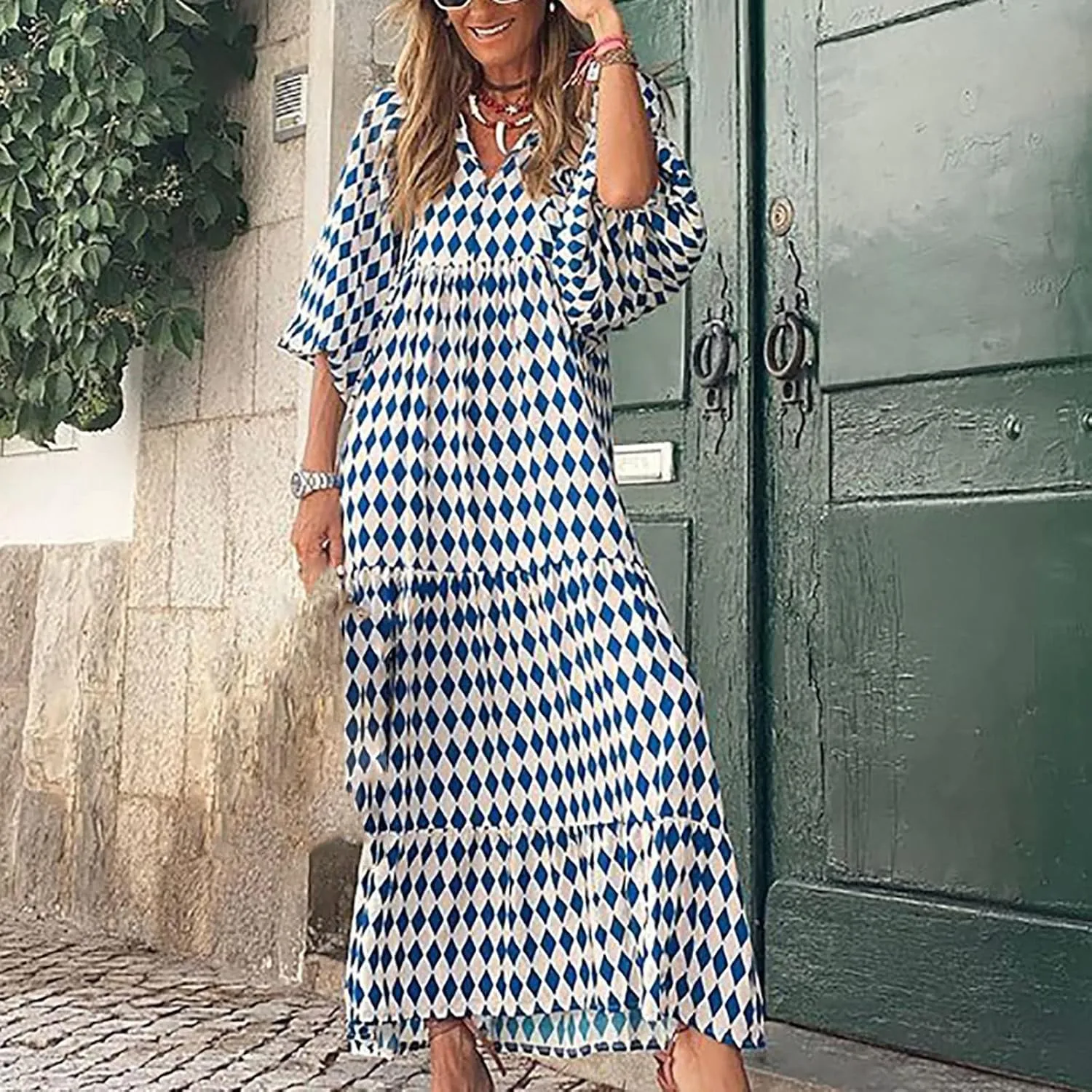 Womens Loose Fit Casual Summer V Neck Dress Boho Maxi Puff Sleeve Dresses Floral Flowy Swing Beach Vacation Dress