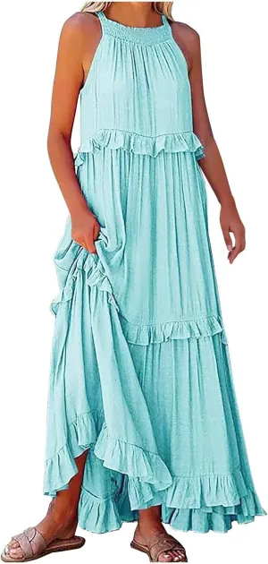 Women's Maxi Dress Summer Casual Loose Swing Dresses Boho Smocked Ruffle Sundress Halter Sleeveless Tiered Beach Dress