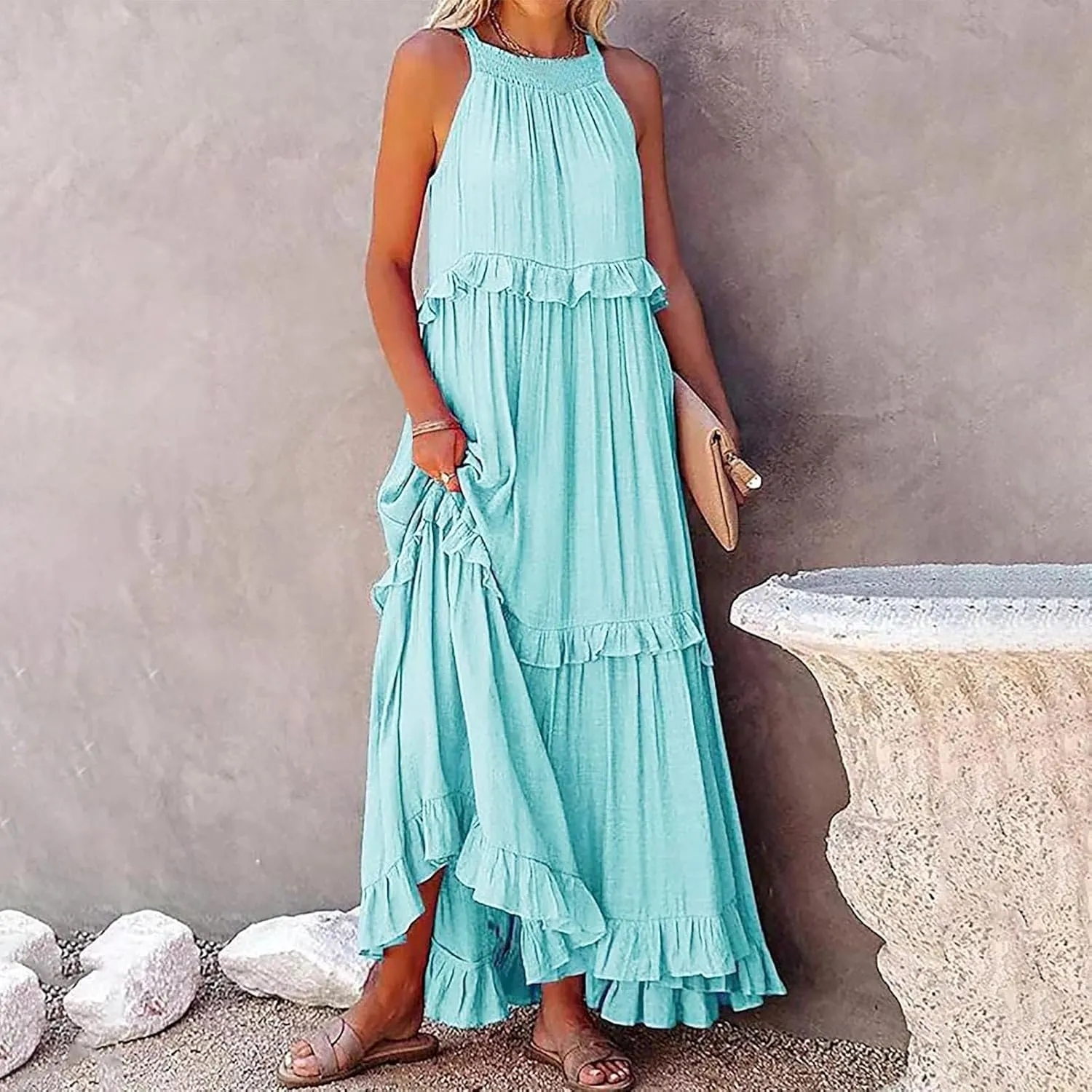 Women's Maxi Dress Summer Casual Loose Swing Dresses Boho Smocked Ruffle Sundress Halter Sleeveless Tiered Beach Dress
