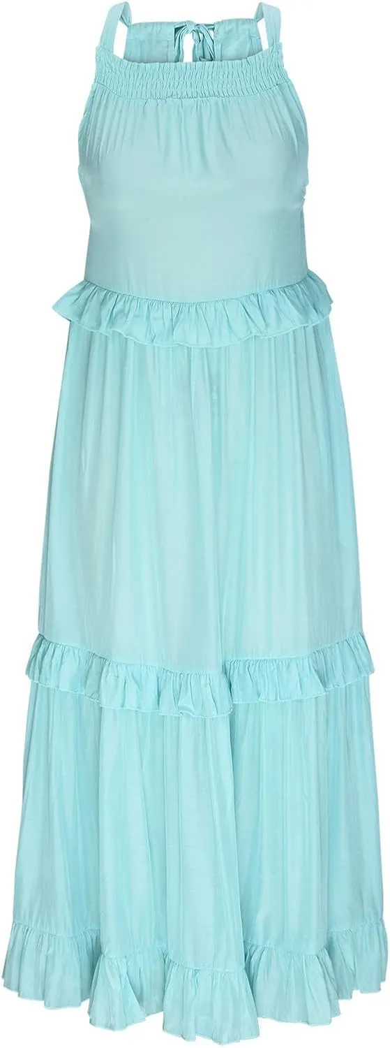 Women's Maxi Dress Summer Casual Loose Swing Dresses Boho Smocked Ruffle Sundress Halter Sleeveless Tiered Beach Dress