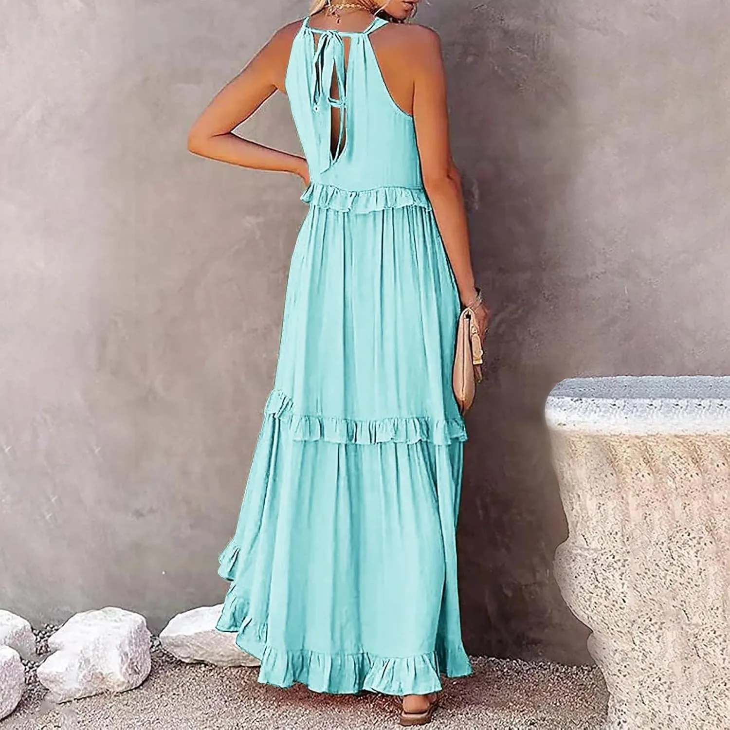 Women's Maxi Dress Summer Casual Loose Swing Dresses Boho Smocked Ruffle Sundress Halter Sleeveless Tiered Beach Dress
