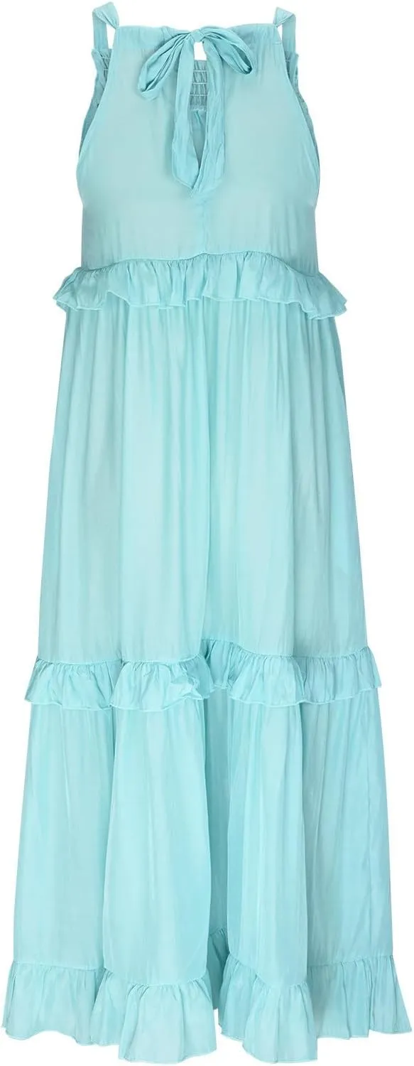 Women's Maxi Dress Summer Casual Loose Swing Dresses Boho Smocked Ruffle Sundress Halter Sleeveless Tiered Beach Dress