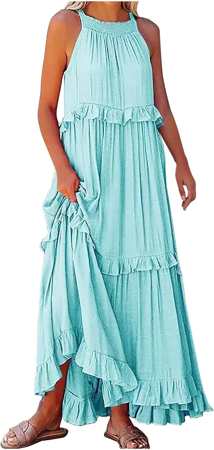 Women's Maxi Dress Summer Casual Loose Swing Dresses Boho Smocked Ruffle Sundress Halter Sleeveless Tiered Beach Dress