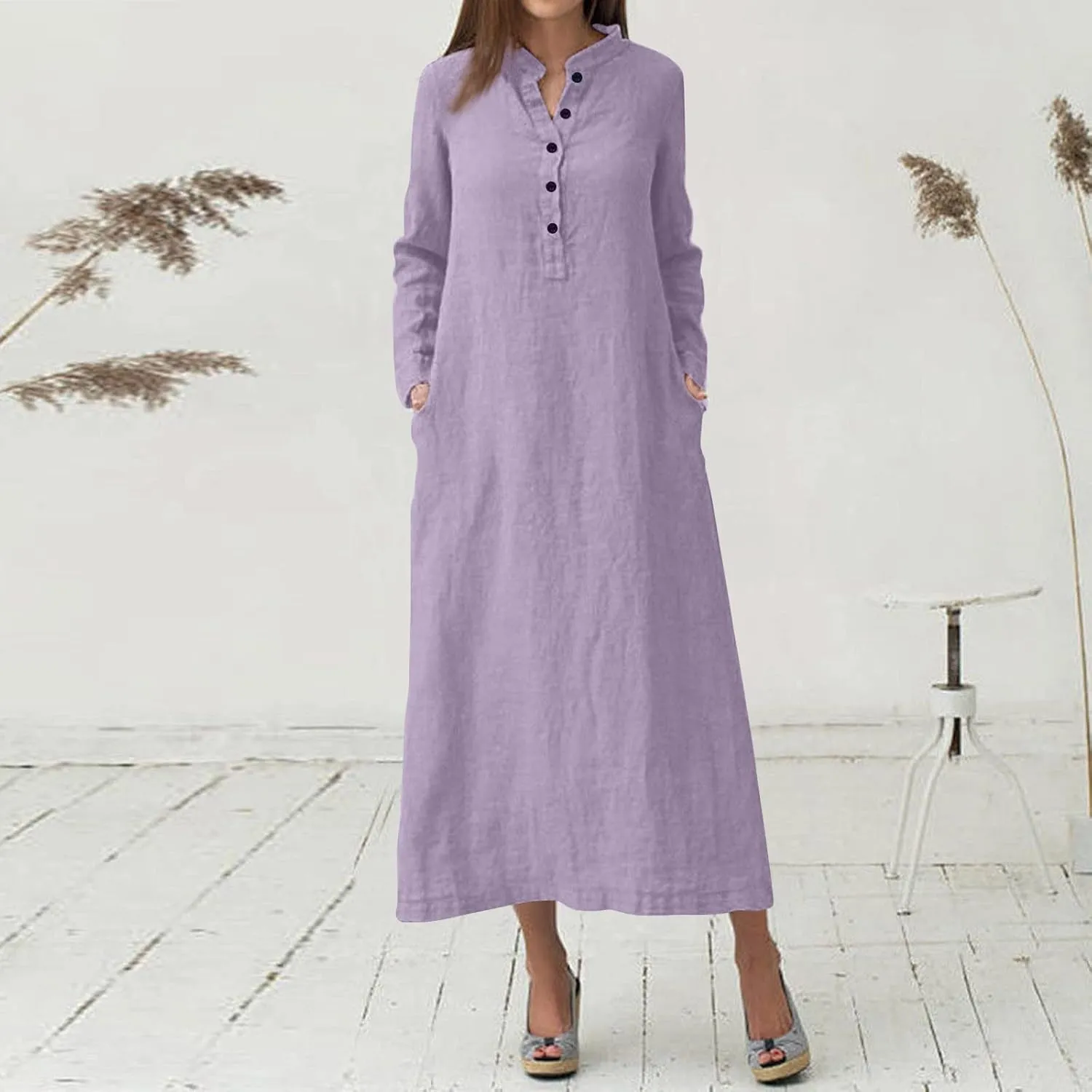 Women's Maxi Dresses 2025 Casual Loose Trendy Long Sleeve Button Down Collar Solid Vacation Dress Plus Size, S-5XL