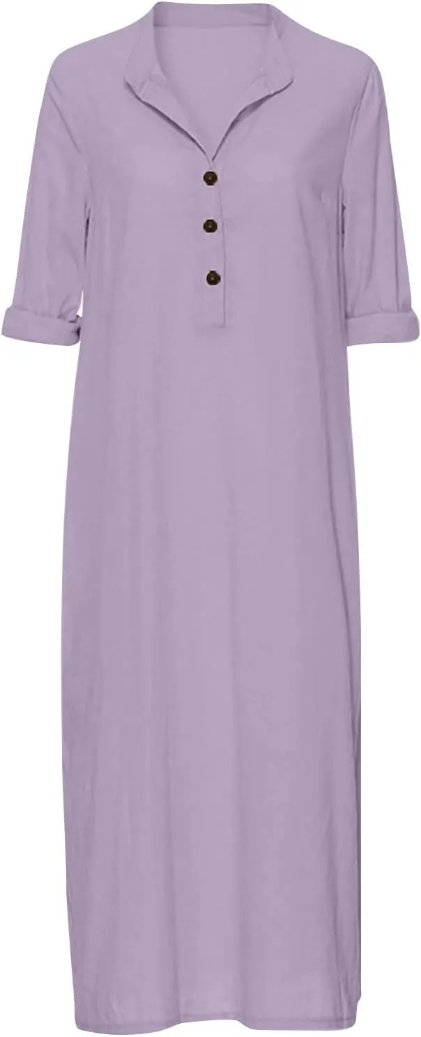 Women's Maxi Dresses 2025 Casual Loose Trendy Long Sleeve Button Down Collar Solid Vacation Dress Plus Size, S-5XL