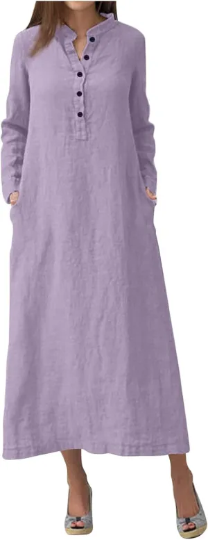 Women's Maxi Dresses 2025 Casual Loose Trendy Long Sleeve Button Down Collar Solid Vacation Dress Plus Size, S-5XL
