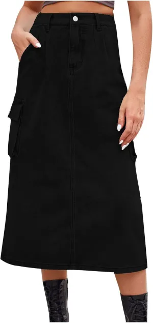 Women's Maxi Pencil Jean Skirt- High Waisted A-Line Long Denim Skirts for Ladies- Y2K Jean Skirt with Flap Pocket