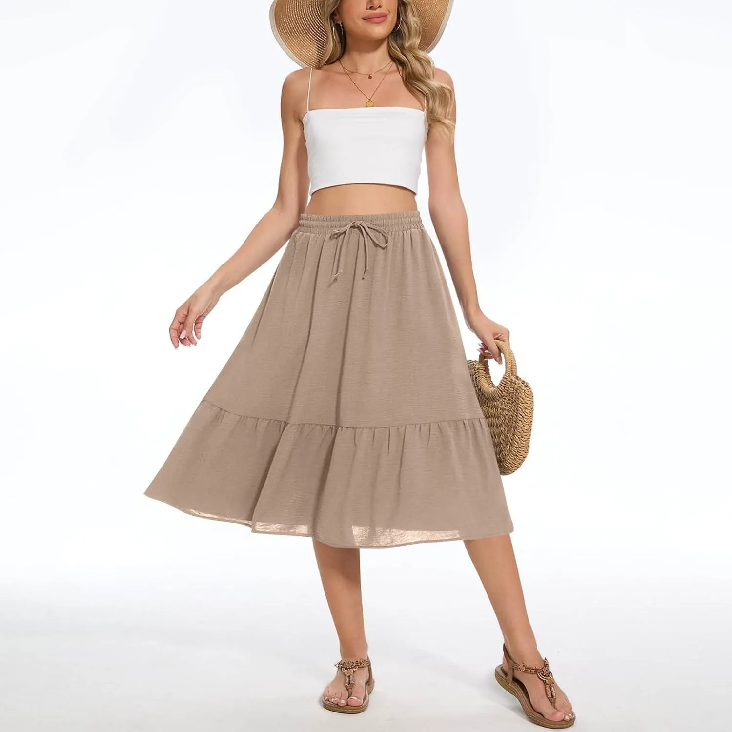 Women's Maxi Skirts Beach Elastic Waist Drawstring Tiered Flowy Chiffon Skirts Bohemian Vacation Layered Tulle Skirt