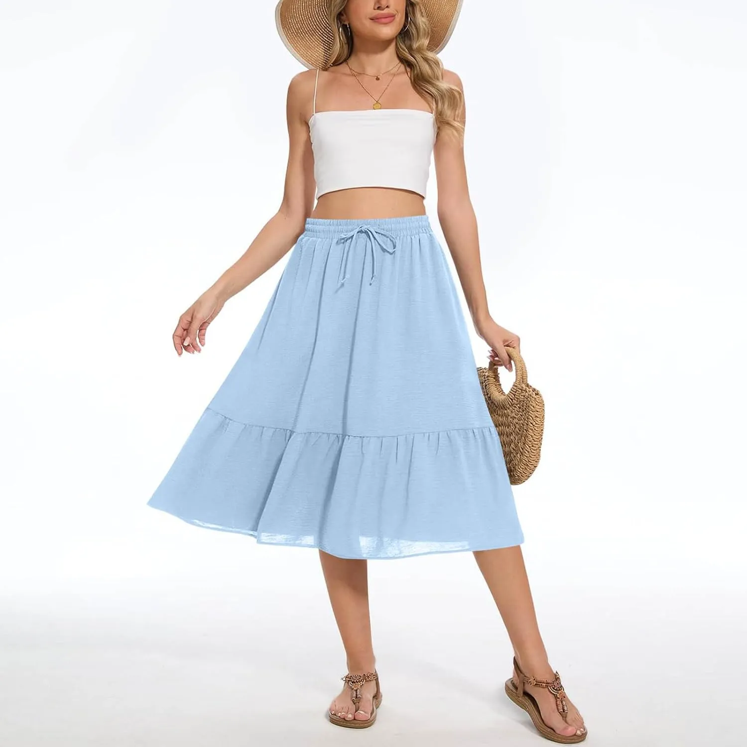 Women's Maxi Skirts Beach Elastic Waist Drawstring Tiered Flowy Chiffon Skirts Bohemian Vacation Layered Tulle Skirt