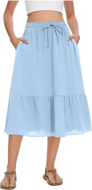 Women's Maxi Skirts Beach Elastic Waist Drawstring Tiered Flowy Chiffon Skirts Bohemian Vacation Layered Tulle Skirt