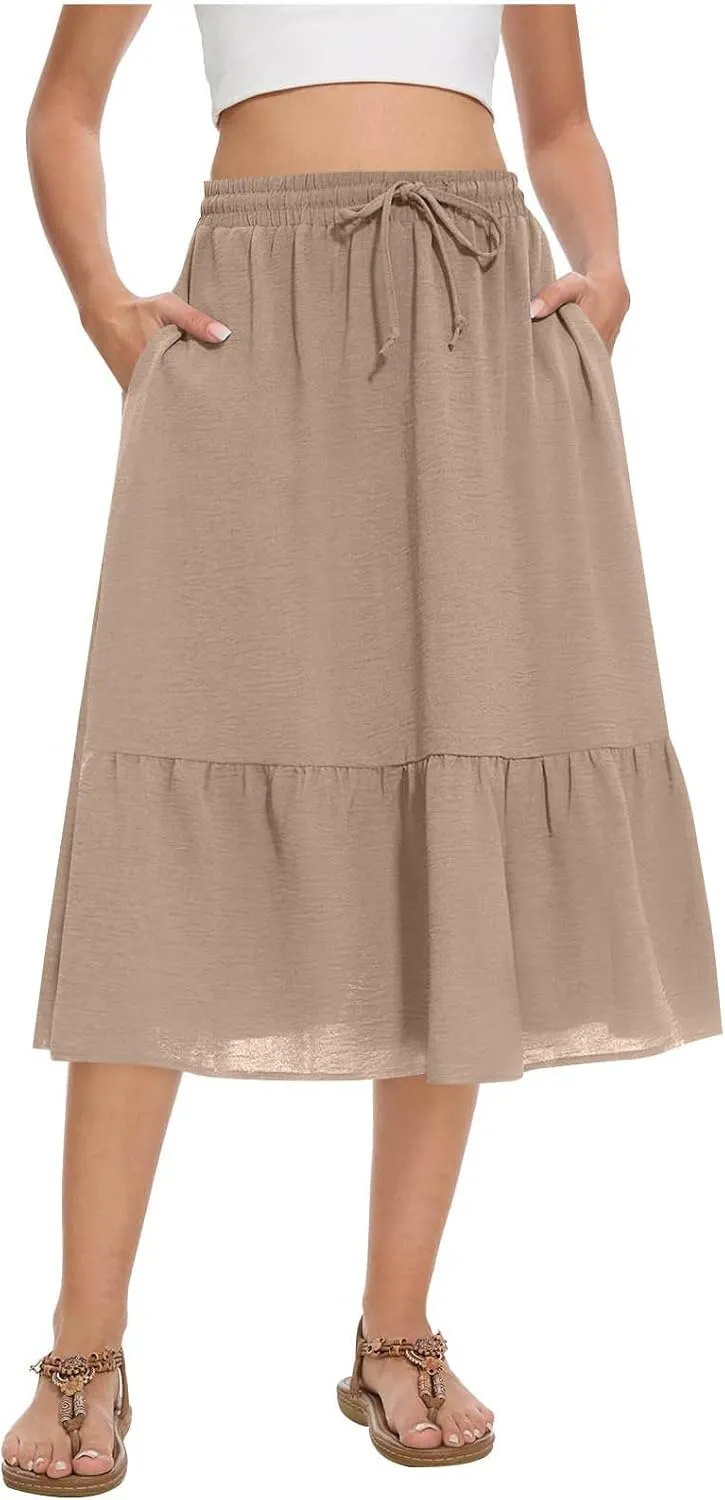 Women's Maxi Skirts Beach Elastic Waist Drawstring Tiered Flowy Chiffon Skirts Bohemian Vacation Layered Tulle Skirt
