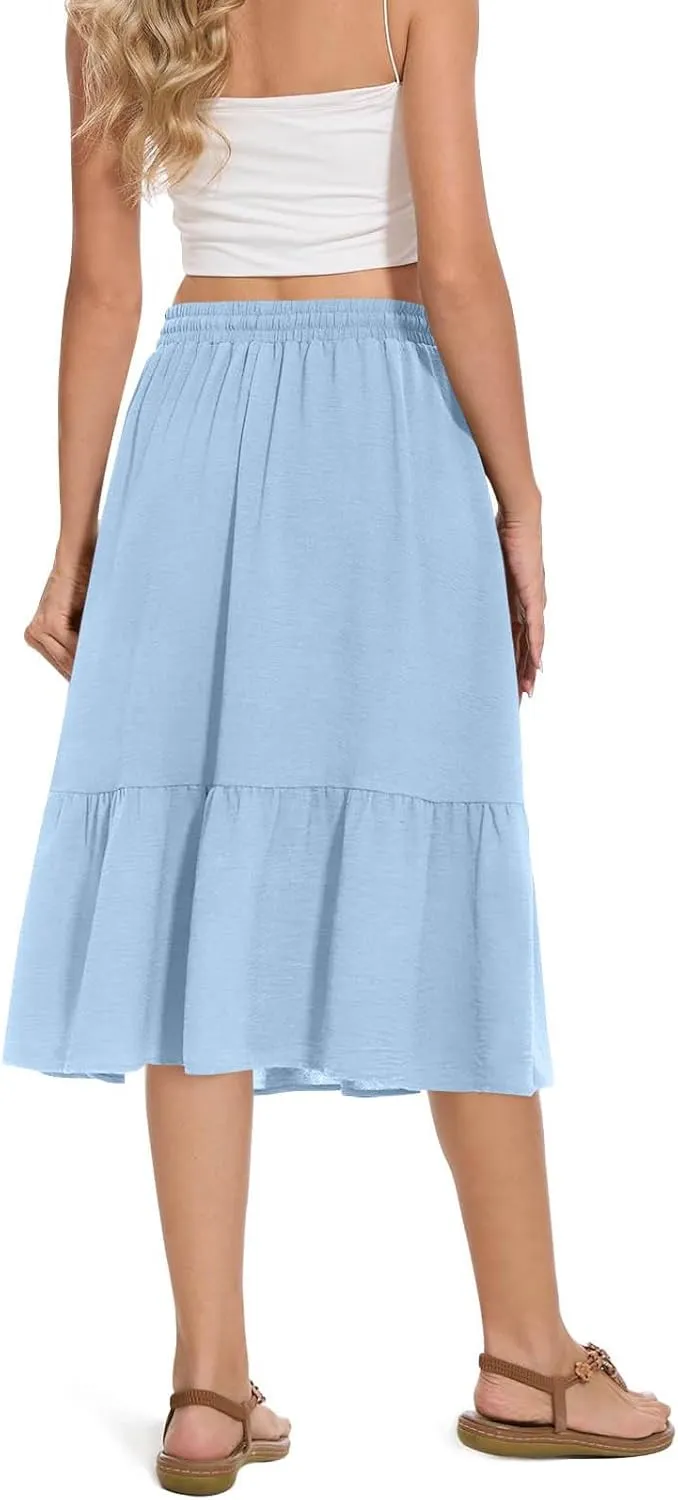 Women's Maxi Skirts Beach Elastic Waist Drawstring Tiered Flowy Chiffon Skirts Bohemian Vacation Layered Tulle Skirt