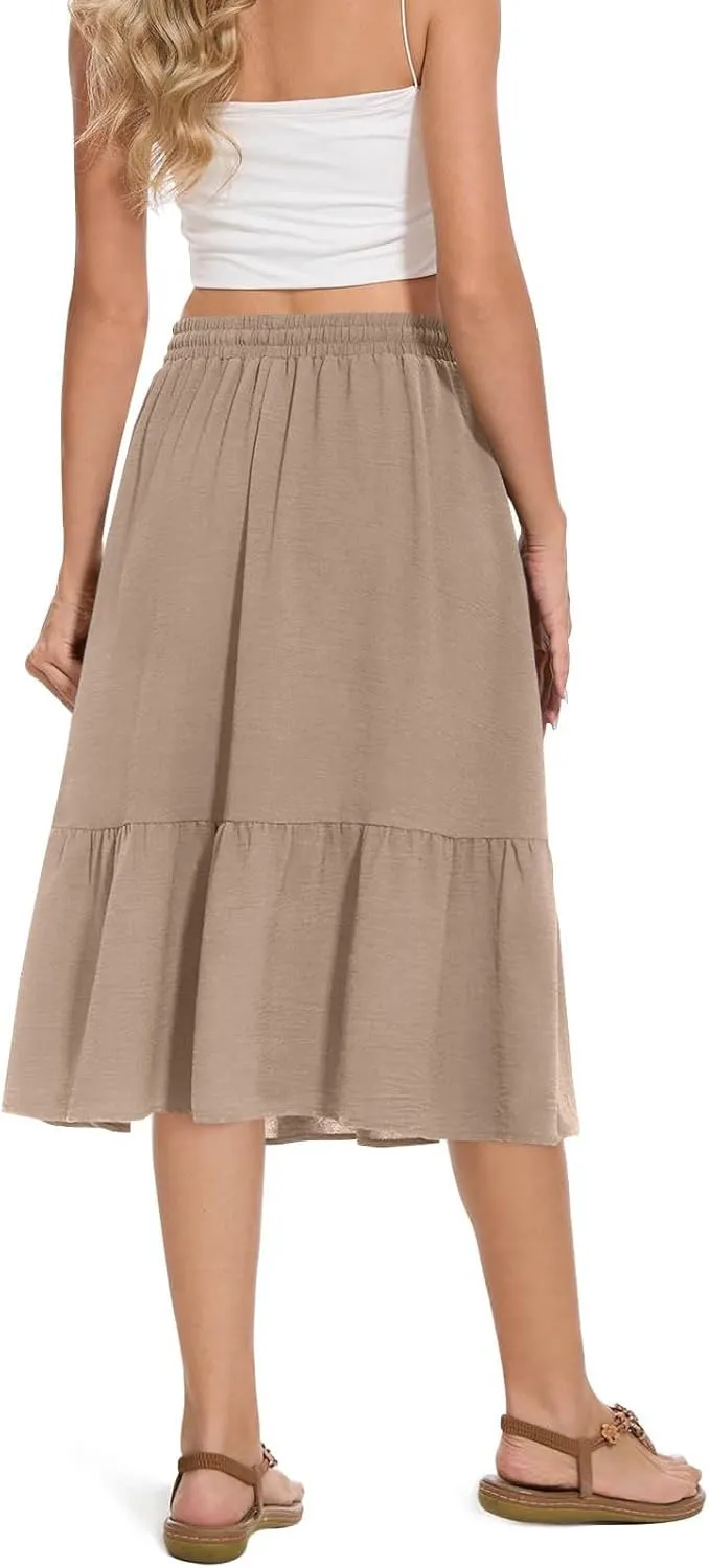Women's Maxi Skirts Beach Elastic Waist Drawstring Tiered Flowy Chiffon Skirts Bohemian Vacation Layered Tulle Skirt