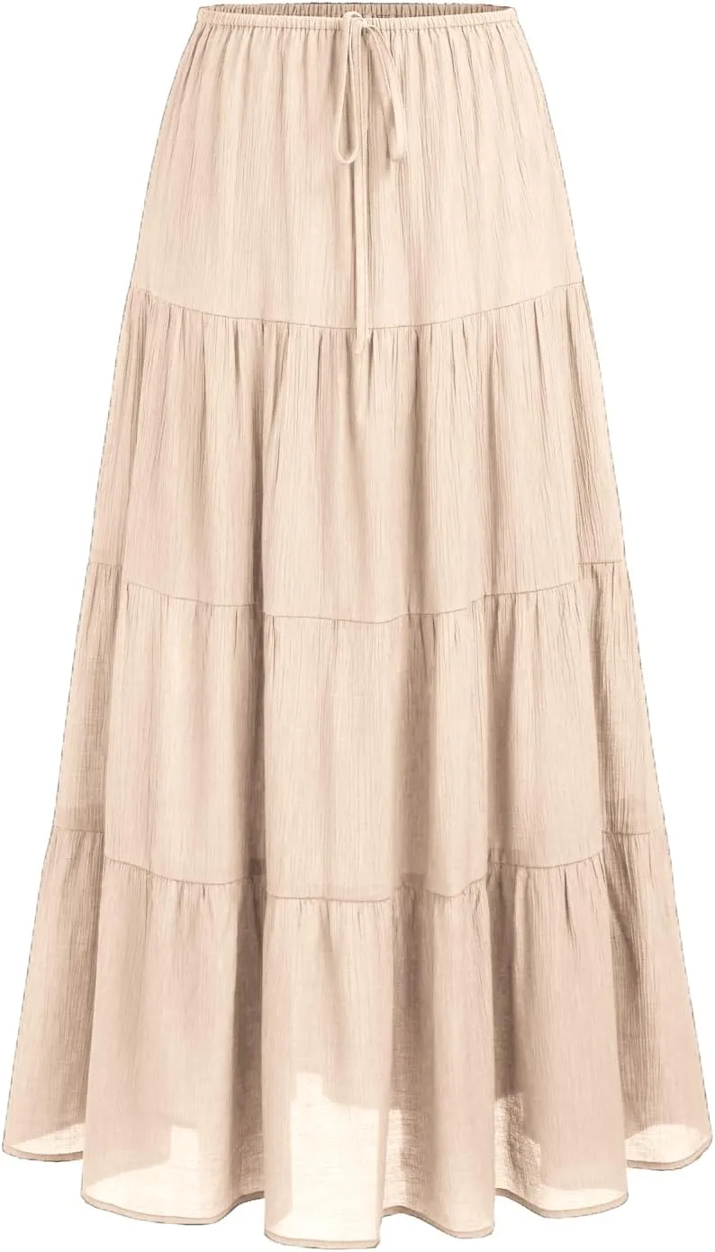 Women's Maxi Skirts Flowy Skirt Elastic High Waist Pleated A-Line Flared Long Skirts