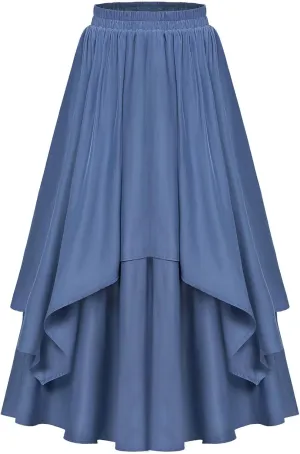 Womens Medieval Vintage Skirts Layered Pleated A-Line Midi Skirt Elastic Waist Trendy Solid Color Flowy Skirts