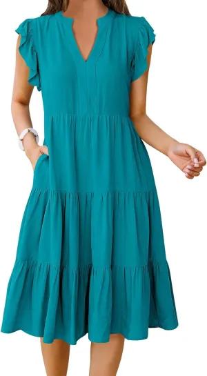 Womens Midi Dress Casual Summer Ruffle Sleeve V Neck Trendy Tiered Flowy Boho Dresses 2025 Vacation Sundress