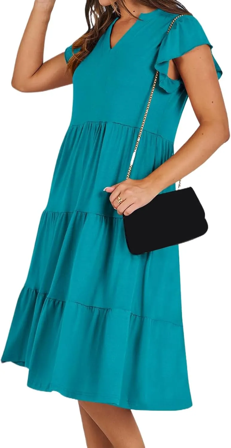 Womens Midi Dress Casual Summer Ruffle Sleeve V Neck Trendy Tiered Flowy Boho Dresses 2025 Vacation Sundress