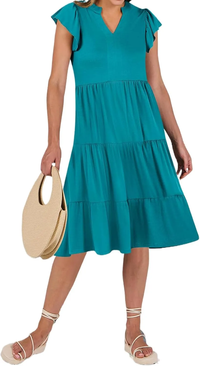 Womens Midi Dress Casual Summer Ruffle Sleeve V Neck Trendy Tiered Flowy Boho Dresses 2025 Vacation Sundress