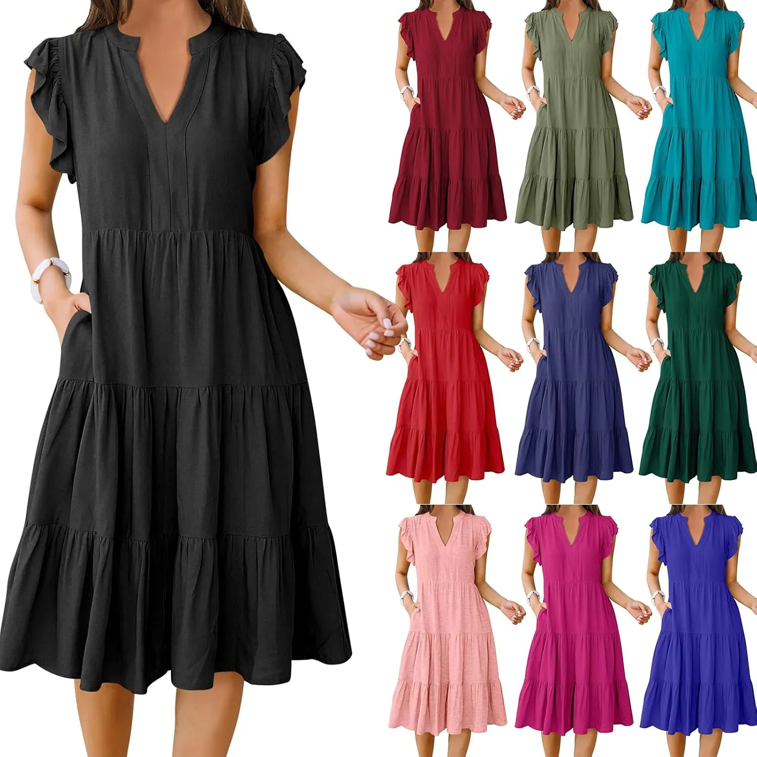 Womens Midi Dress Casual Summer Ruffle Sleeve V Neck Trendy Tiered Flowy Boho Dresses 2025 Vacation Sundress