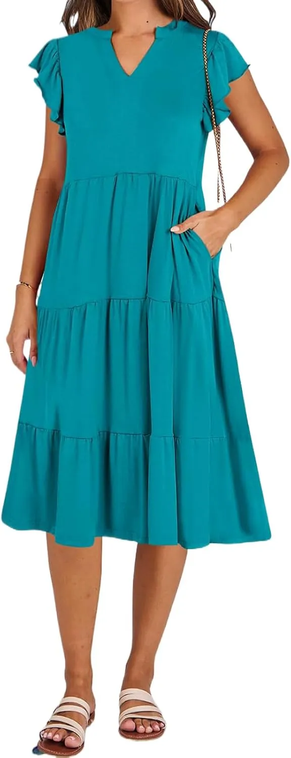 Womens Midi Dress Casual Summer Ruffle Sleeve V Neck Trendy Tiered Flowy Boho Dresses 2025 Vacation Sundress