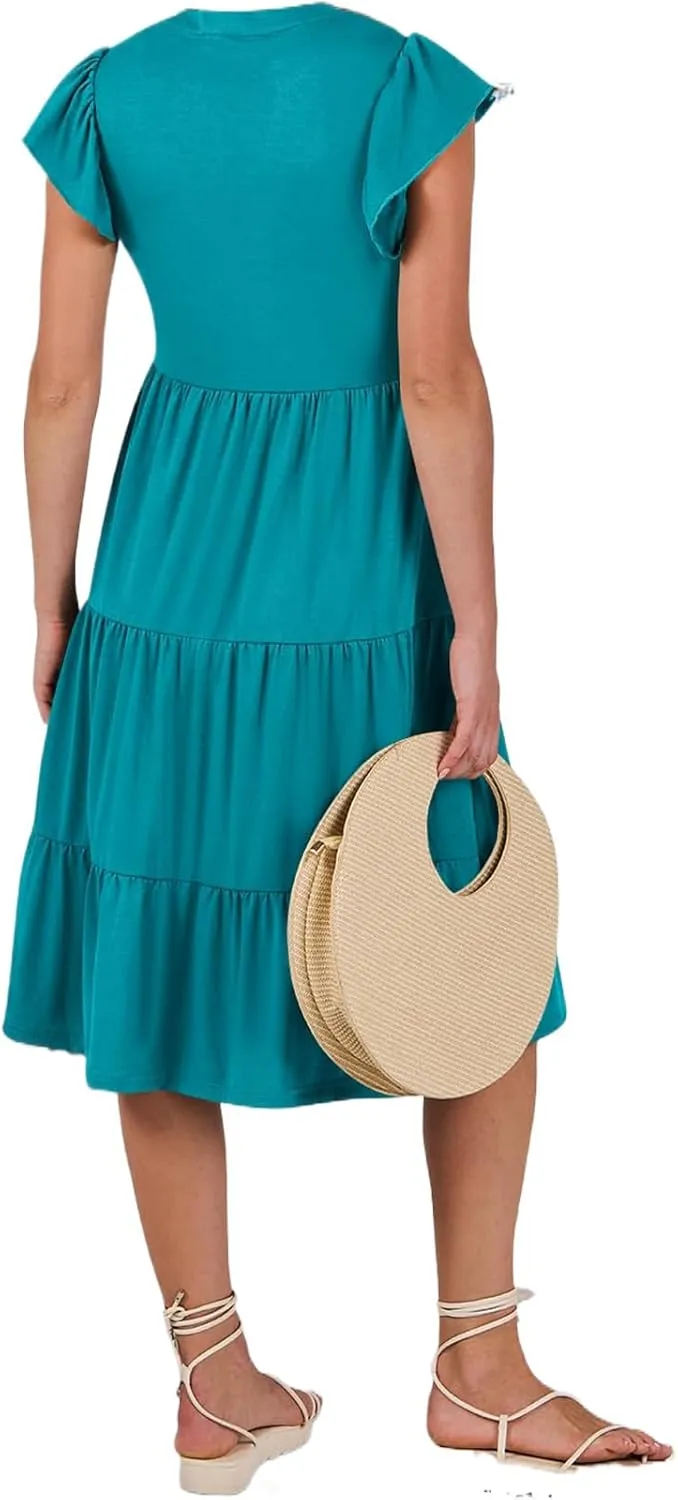 Womens Midi Dress Casual Summer Ruffle Sleeve V Neck Trendy Tiered Flowy Boho Dresses 2025 Vacation Sundress