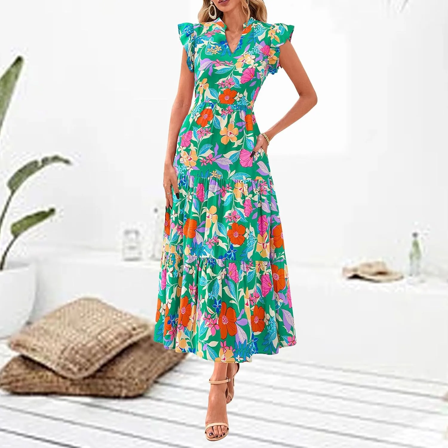 Womens Midi Dress Summer Floral V Neck Cap Sleeve A Line Ruffle Dress Boho Casual Flowy Beach Vacation Long Dresses