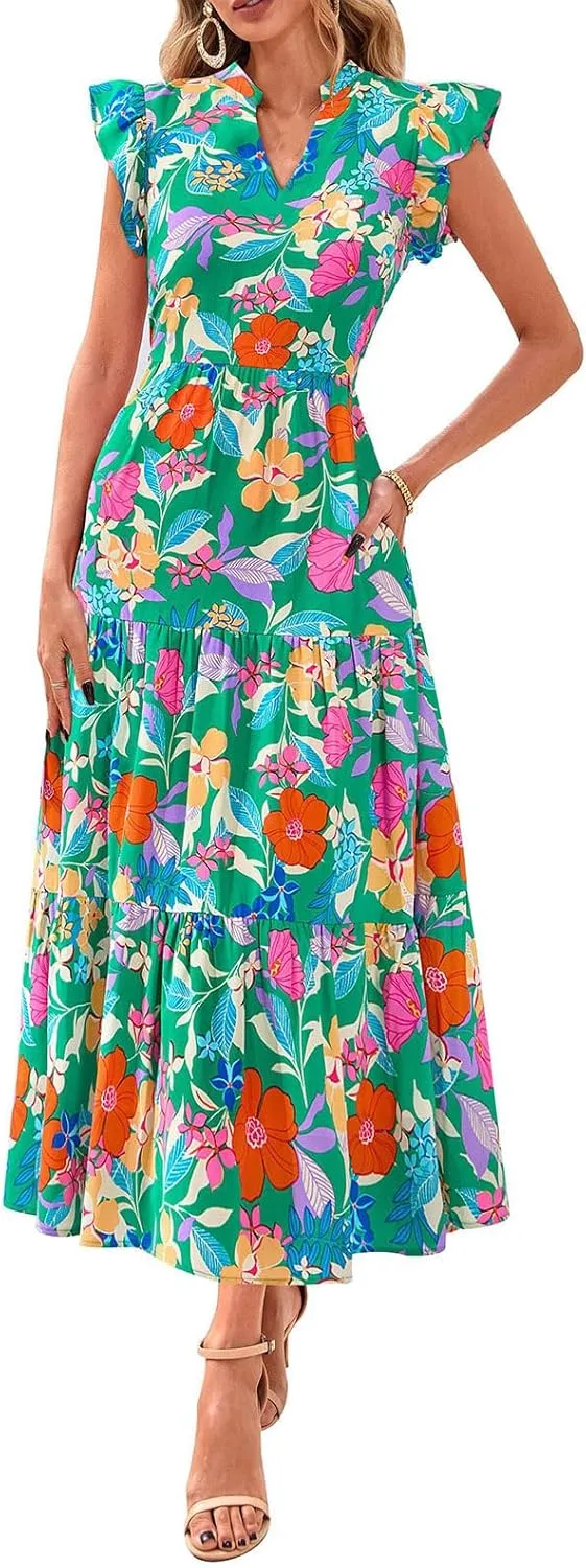 Womens Midi Dress Summer Floral V Neck Cap Sleeve A Line Ruffle Dress Boho Casual Flowy Beach Vacation Long Dresses