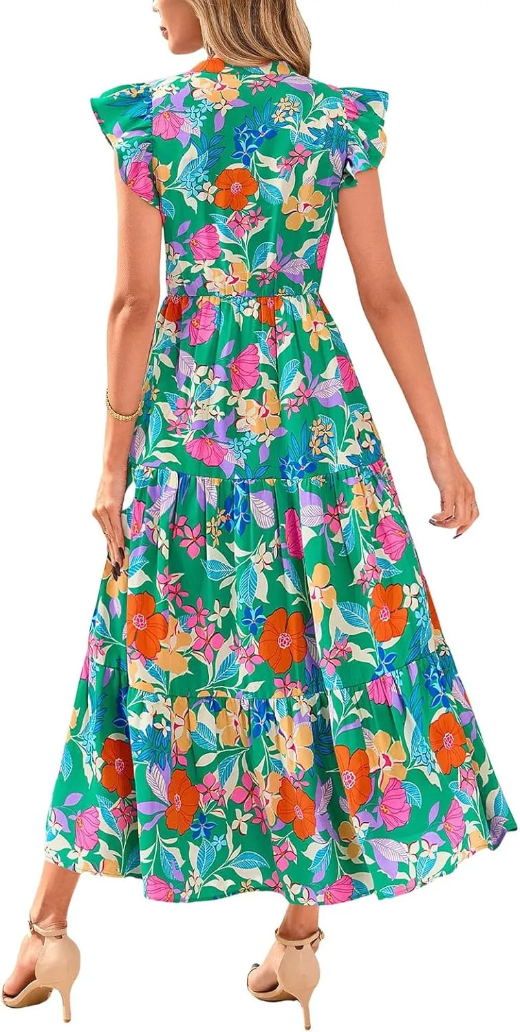 Womens Midi Dress Summer Floral V Neck Cap Sleeve A Line Ruffle Dress Boho Casual Flowy Beach Vacation Long Dresses