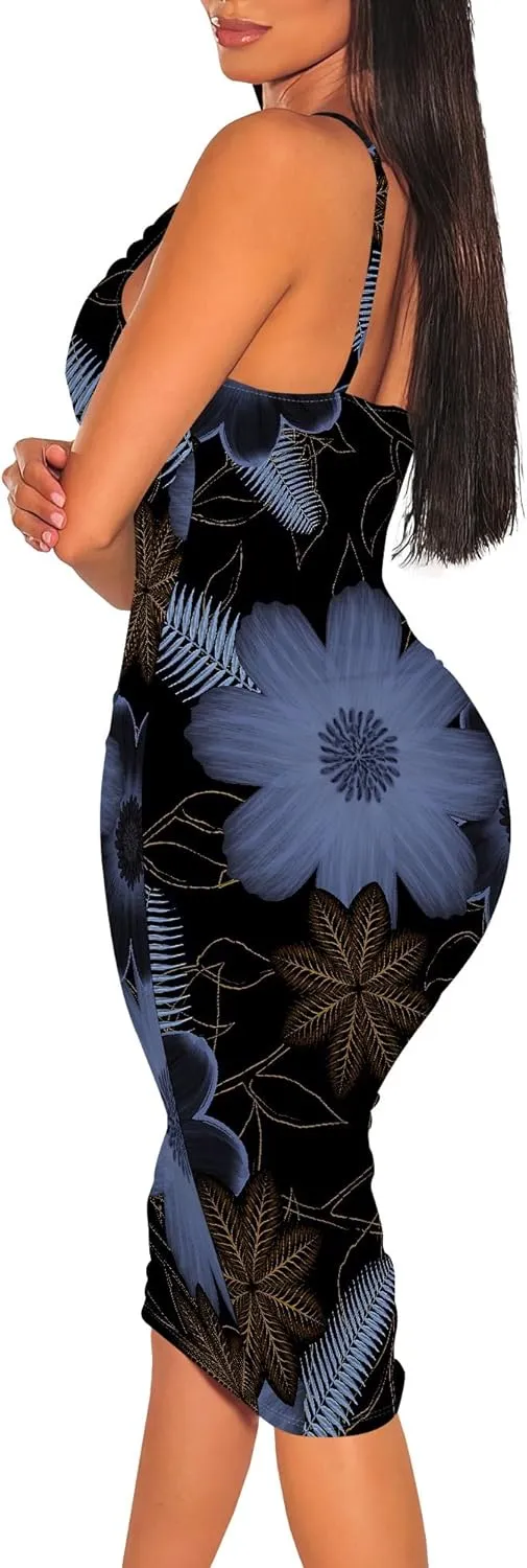 Women's Midi Sexy Bodycon Dress Summer Sundress Sleeveless Spaghetti Strap Stretch Backless Cocktail Party Dresses