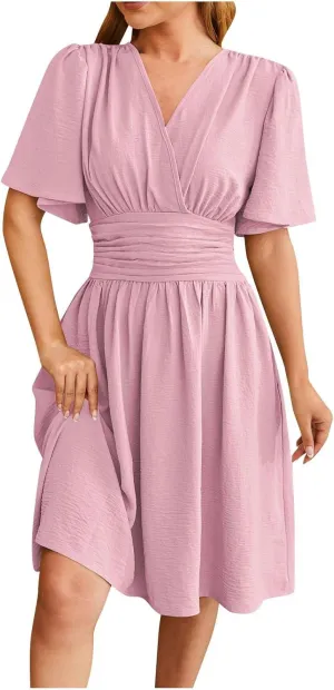 Womens Mini Dress Sexy Elegant Short Sleeve V Neck Casual Short Dresses Summer A-line Pleated Hem Flowy Party Dress