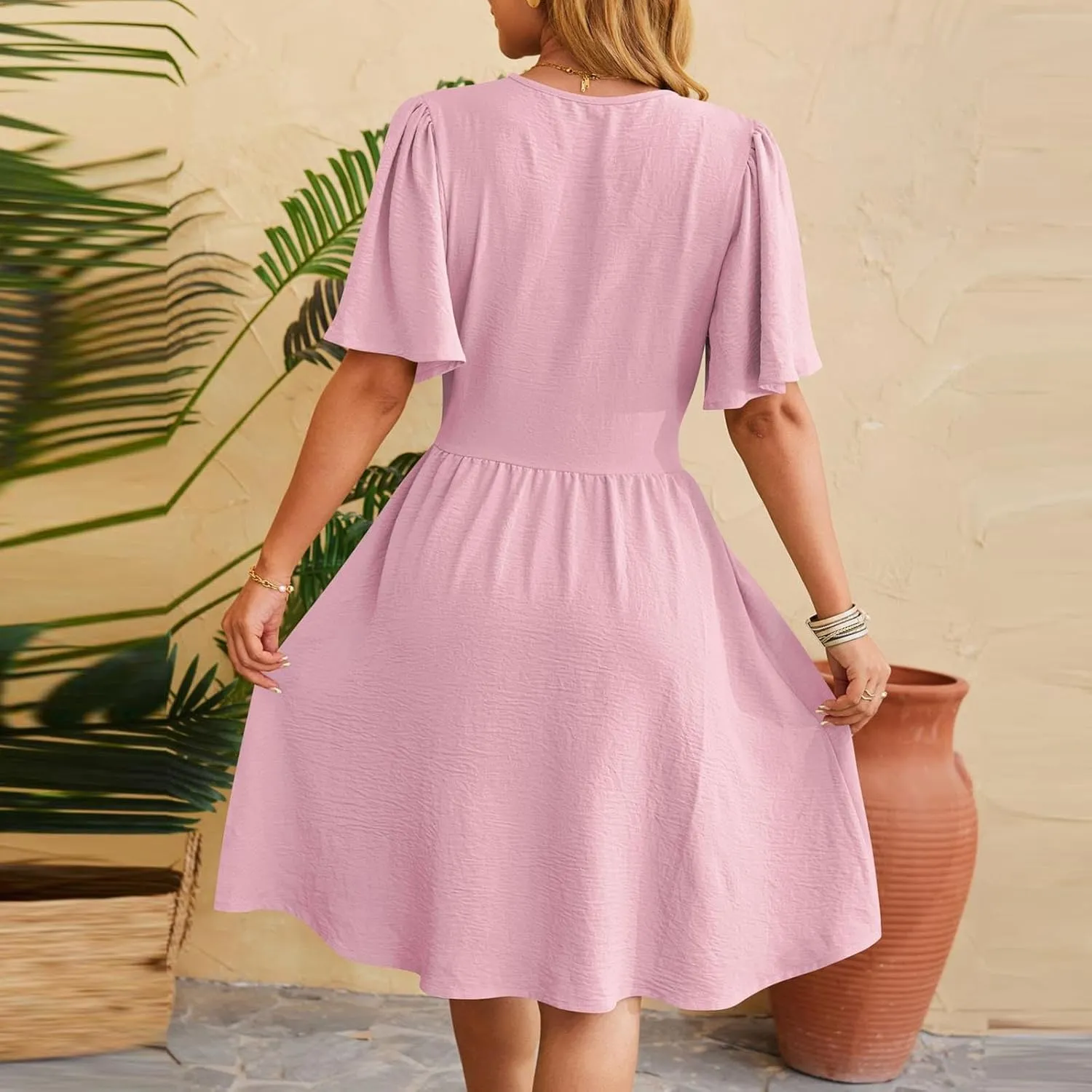 Womens Mini Dress Sexy Elegant Short Sleeve V Neck Casual Short Dresses Summer A-line Pleated Hem Flowy Party Dress