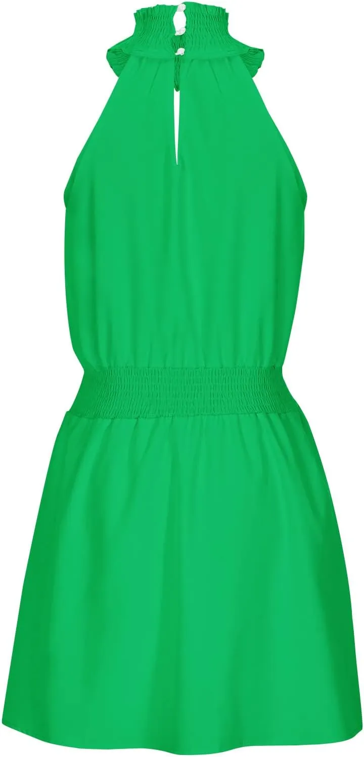Womens Mock Neck Cutout Elastic Waist Casual Mini Dresses Summer Solid Business Dress Sleeveless Short Beach Sundress